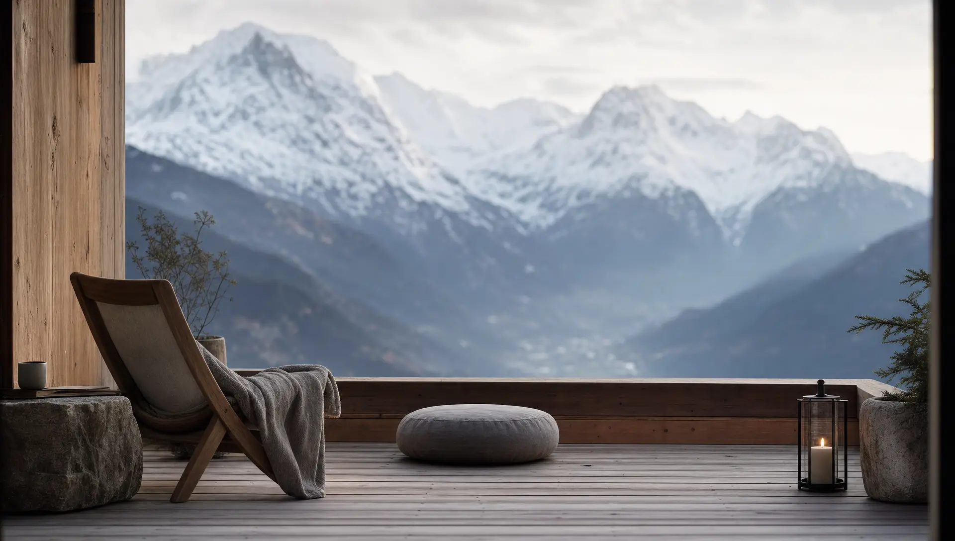 Alpine retreat terrace sanctuary at golden hour